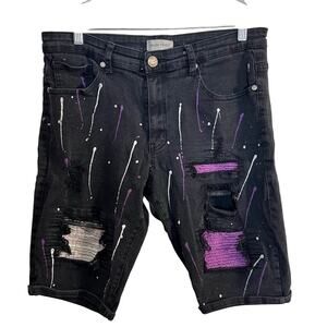 Blind Trust Black Denim Shorts Mens Size 36 Painted Distressed Stretch Splatter